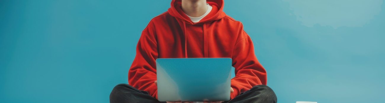 Young male student in a red hoodie using a laptop, surrounded by books and a coffee cup, on a blue background.